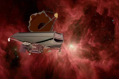 James Webb telescope in outer space on orbit of Earth. Planet surface and satellite. Elemets of thisd iamge furnished by NASA. 3d rendering.Telescópio, James Webb. Foto: Juan / stock.adobe.comFonte: 504153365<!-- NICAID(15116568) -->