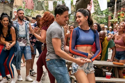 (Left Center-Right Center) ANTHONY RAMOS as Usnavi and MELISSA BARRERA as Vanessa in Warner Bros. Picturesâ âIN THE HEIGHTS,â a Warner Bros. Pictures release.Photo Credit: Macall Polay<!-- NICAID(14810180) -->
