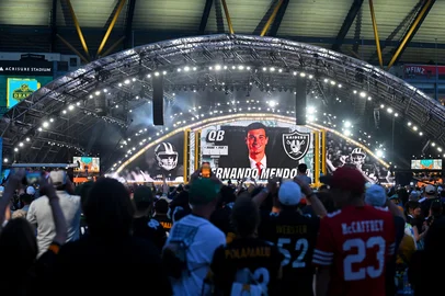 PITTSBURGH, PENNSYLVANIA - APRIL 23: A detailed view of the stage showing a still of Fernando Mendoza of the Indiana on screen after being selected first overall pick by the Las Vegas Raiders during Round One of the 2026 NFL Draft at Acrisure Stadium on April 23, 2026 in Pittsburgh, Pennsylvania.   Jason Miller/Getty Images/AFP (Photo by Jason Miller / GETTY IMAGES NORTH AMERICA / Getty Images via AFP)<!-- NICAID(16272001) -->