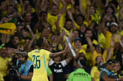 Brazil's forward #26 Rayan celebrates after scoring his team's third goal during the international friendly football match between Brazil and Panama at the Maracana stadium in Rio de Janeiro, Brazil on May 31, 2026. (Photo by Mauro PIMENTEL / AFP)<!-- NICAID(16297332) -->