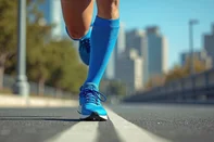 Low-angle illustration of runner legs in blue compression gear and running shoes. Striking pavement urban landscape. Athletic sock mockup, focused on motion, speed, training. Fitness, marathon.Corrida, caminhada, fitnessFonte: 1393378755<!-- NICAID(16030235) -->