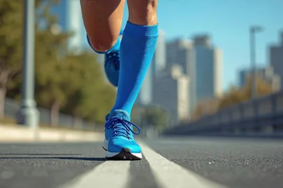 Low-angle illustration of runner legs in blue compression gear and running shoes. Striking pavement urban landscape. Athletic sock mockup, focused on motion, speed, training. Fitness, marathon.Corrida, caminhada, fitnessFonte: 1393378755<!-- NICAID(16030235) -->
