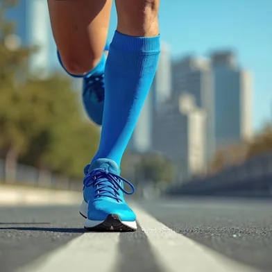Low-angle illustration of runner legs in blue compression gear and running shoes. Striking pavement urban landscape. Athletic sock mockup, focused on motion, speed, training. Fitness, marathon.Corrida, caminhada, fitnessFonte: 1393378755<!-- NICAID(16030235) -->