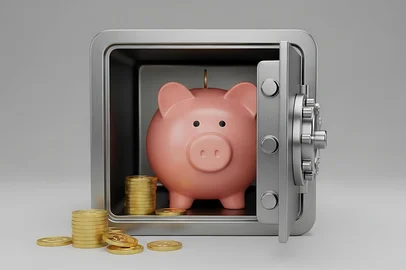 Pink piggy bank inside an open safe with scattered coins outside on a white surfaceFonte: 1911974970<!-- NICAID(16330676) -->
