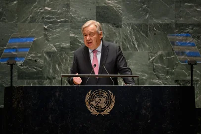 UN Secretary-General Antonio Guterres speaks during "Summit of the Future" on the sidelines of the UN General Assembly at the United Nations Headquarters in New York, September 22, 2024. (Photo by ANGELA WEISS / AFP)<!-- NICAID(15872711) -->