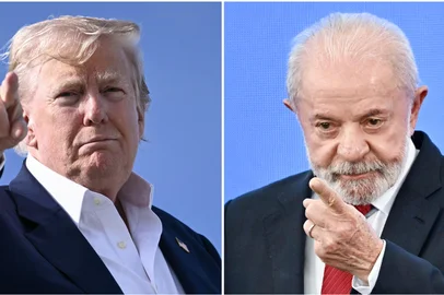 (COMBO) This combination of file pictures created on July 31, 2025 shows Brazilian President Luiz Inacio Lula da Silva (R) gesturing in the launch of the government's digital platform project for citizens at the Planalto Palace in Brasilia, on July 23, 2025, and US President Donald Trump pointing as he boards Air Force One at RAF Lossiemouth, north-east Scotland on July 29, 2025 at the end of his trip to Scotland. Brazil vowed on July 31, 2025, to combat US President Donald Trump's tariffs on its exports, saying it intends to lodge appeals if last-ditch negotiations fail. (Photo by Evaristo SA and Brendan SMIALOWSKI / AFP)Editoria: POLLocal: BrasíliaIndexador: EVARISTO SASecao: diplomacyFonte: AFPFotógrafo: STF<!-- NICAID(16092216) -->