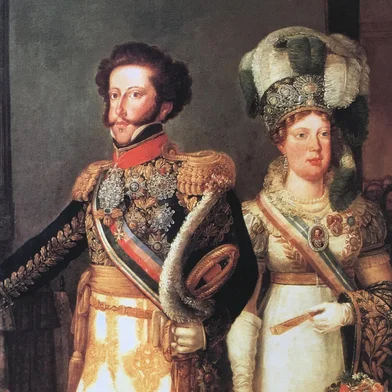 Dom Pedro I e Dona Leopoldina visitando a Casa Dos Expostos, atualmente o orfanato Romão Duarte no Flamengo, RJ.1826<!-- NICAID(16006936) -->