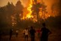 A local uses a megaphone as others observe a large forest fire approaching the village of Pefki on Evia (Euboea) island, Greece's second largest island, on August 8, 2021. - Hundreds of Greek firefighters fought desperately on August 8 to control wildfires on the island of Evia that have charred vast areas of pine forest, destroyed homes and forced tourists and locals to flee. Greece and Turkey have been battling devastating fires for nearly two weeks as the region suffered its worst heatwave in decades, which experts have linked to climate change. (Photo by ANGELOS TZORTZINIS / AFP)<!-- NICAID(14857831) -->