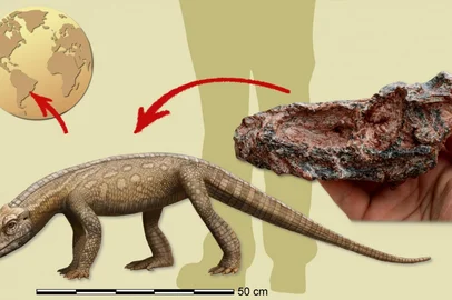 “Parvosuchus aurelioi” (Ilustração: Matheus Fernandes Gadelha. Fotografia do crânio: Rodrigo Temp Müller)<!-- NICAID(15794256) -->