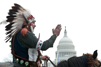 A Native American tribal leader sits on his horse in front of the US Capitol in Washington on April 22, 2014 as the Cowboy and Indian Alliance protest the proposed Keystone XL pipeline, part of "Reject and Protect," a weeklong series of actions by farmers, ranchers and tribes against the tar sands oil pipeline from Canada to the US.   AFP PHOTO/Nicholas KAMM<!-- NICAID(10424991) -->