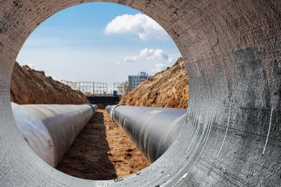 Modern water supply and sewerage system. Underground pipeline works. Water supply and wastewater disposal of a residential city. Close-up of underground utilities. View from the big pipe.Modern water supply and sewerage system. Underground pipeline works. Water supply and wastewater disposal of a residential city. Close-up of underground utilities. View from the big pipeFonte: 550559901<!-- NICAID(15501603) -->