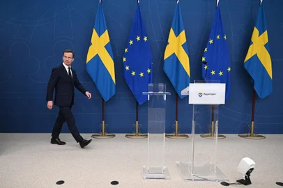 Sweden's Prime Minister Ulf Kristersson arrives for a press conference after Hungary's parliament has voted yes to ratify Sweden's NATO accession, in Stockholm, Sweden, on February 26, 2024. Swedish Prime Minister Ulf Kristersson said it was a "historic day," after Hungary's parliament ratified Sweden's NATO bid, clearing the final obstacle for the Nordic country to join the military alliance. (Photo by Jonathan NACKSTRAND / AFP)<!-- NICAID(15690466) -->