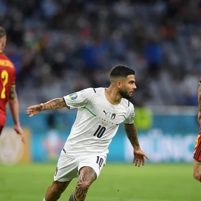 Italy's forward Lorenzo Insigne celebrates scoring the team's second goal during the UEFA EURO 2020 quarter-final football match between Belgium and Italy at the Allianz Arena in Munich on July 2, 2021. (Photo by Christof STACHE / POOL / AFP)Editoria: SPOLocal: MunichIndexador: CHRISTOF STACHESecao: soccerFonte: POOLFotógrafo: STR<!-- NICAID(14824683) -->