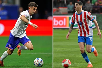 EDUARDO MUNOZ / AFP (COMBO) This combination of file photos created on June 10, 2026, shows USA's forward #10 Christian Pulisic in Atlanta, Georgia, on June 27, 2024 (L); and Paraguay's midfielder #10 Miguel Almiron in El Alto, Bolivia, on November 19, 2024. USA and Paraguay will meet at the Los Angeles Stdaium in Inglewood on June 12, 2026, during the 2026 World Cup football tournament. (Photo by Eduardo MUNOZ and Aizar RALDES / AFP)<!-- NICAID(16305477) -->