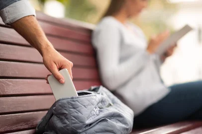 Pickpocketing. Thief Stealing Cellphone From Girl's Bag In Park. Cropped, Closeup, Selective Focus / Prostock-studio<!-- NICAID(15786622) -->