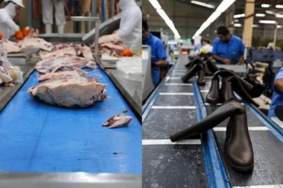 PORTO ALEGRE, RS, BRASIL - 10/07/2025 - Dois importantes itens da pauta brasileira de exportações com produção relevante no Rio Grande do Sul entram na mira das incertezas após o tarifaço adicional de 50% sinalizado por Donald Trump. São as carnes bovinas e os calçados, embarcados em volume expressivo para os Estados Unidos. (Foto: Associação Brasileira de Angus/Divulgação e Mateus Bruxel/Agencia RBS / Montagem)<!-- NICAID(16077417) -->