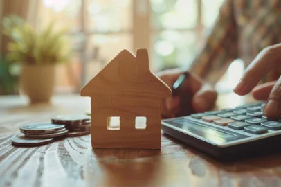 Hand presses calculators, pondering home refinance. Wooden house model, buy or rent note on desk. Saving for property purchase, mortgage payment strategy. Tax, credit analysis for financial success.Fonte: 811252205<!-- NICAID(15882887) -->