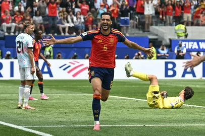 Spain's midfielder #06 Mikel Merino celebrates scoring his team's second goal during the 2026 World Cup football tournament quarter-final match between Spain and Belgium at the Los Angeles Stadium in Inglewood on July 10, 2026.  (Photo by Paul ELLIS / AFP)<!-- NICAID(16325257) -->
