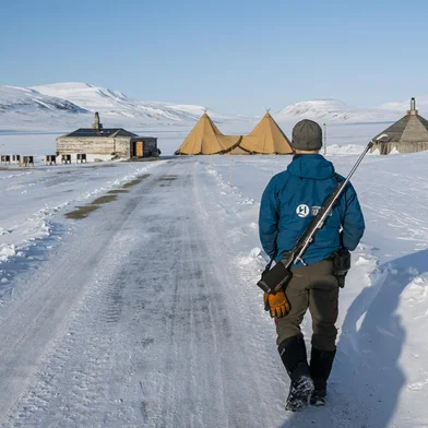 Um guia caminha com seu rifle nas costas em 4 de maio de 2022, perto de lonyearbyen, na ilha de Spitsbergen, no arquipélago de Svalbard, norte da Noruega. - Com suas cidades fantasmas e homens armados assumindo um vasto deserto, quase se poderia confundir o arquipélago de Svalbard com o Velho Oeste.Mas uma pequena força policial do Ártico nestas ilhas a meio caminho entre a Noruega e o Pólo Norte mantém fora da lei - e incomoda ursos polares - à distância. (Foto de Jonathan NACKSTRAND/AFP)<!-- NICAID(15137418) -->