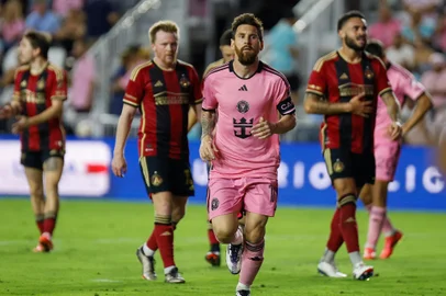 Inter Miami's Argentine forward #10 Lionel Messi looks on during the Major League Soccer (MLS) Eastern Conference semifinal second leg between Inter Miami CF and Atlanta United FC at Chase Stadium in Fort Lauderdale, Florida, on November 9, 2024. (Photo by Chris Arjoon / AFP)<!-- NICAID(15910900) -->