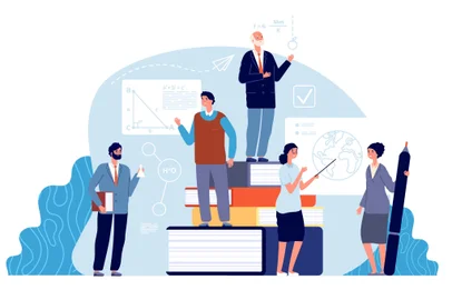 Teachers concept. Academics, school education world. Tiny professors of college. Mathematics geography chemistry teacher vector illustration. School study teacher, university and college<!-- NICAID(15848777) -->
