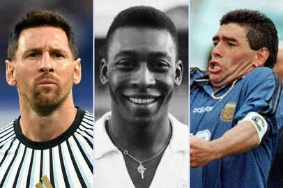 Montagem com fotos de CHANDAN KHANNA,DANIEL GARCIA / AFP Messi, Pelé e Maradona<!-- NICAID(16380635) -->