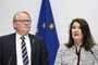 Sweden's Minister of Defense Peter Hultqvist (L) and Sweden's Minister of Foreign Affairs Ann Linde present a security policy analysis during a press conference in Stockholm, Sweden, on May 13, 2022. - Swedish membership in NATO would reduce the risk of conflict in northern Europe, a security policy review by parties in Sweden's parliament said on May 13, 2022, with the government expected to decide on whether to apply in the next few days. (Photo by Henrik MONTGOMERY / TT NEWS AGENCY / AFP) / Sweden OUT<!-- NICAID(15095093) -->