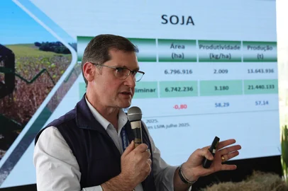 Esteio, RS, Brasil – Claudinei Baldissera, da Emater, apresentou, em coletiva durante a 48ª Expointer, no Parque de Exposições Assis Brasil, as projeções para a safra 2025/2026 no Rio Grande do Sul.<!-- NICAID(16114931) -->