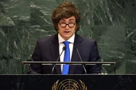 NEW YORK, NEW YORK - SEPTEMBER 24: President of Argentina Javier Milei addresses the United Nations (UN) General Assembly during the 80th session of the annual event on September 24, 2025, in New York City. This years theme for the annual global meeting is Better together: 80 years and more for peace, development, and human rights.   Spencer Platt/Getty Images/AFP (Photo by SPENCER PLATT / GETTY IMAGES NORTH AMERICA / Getty Images via AFP)<!-- NICAID(16131672) -->