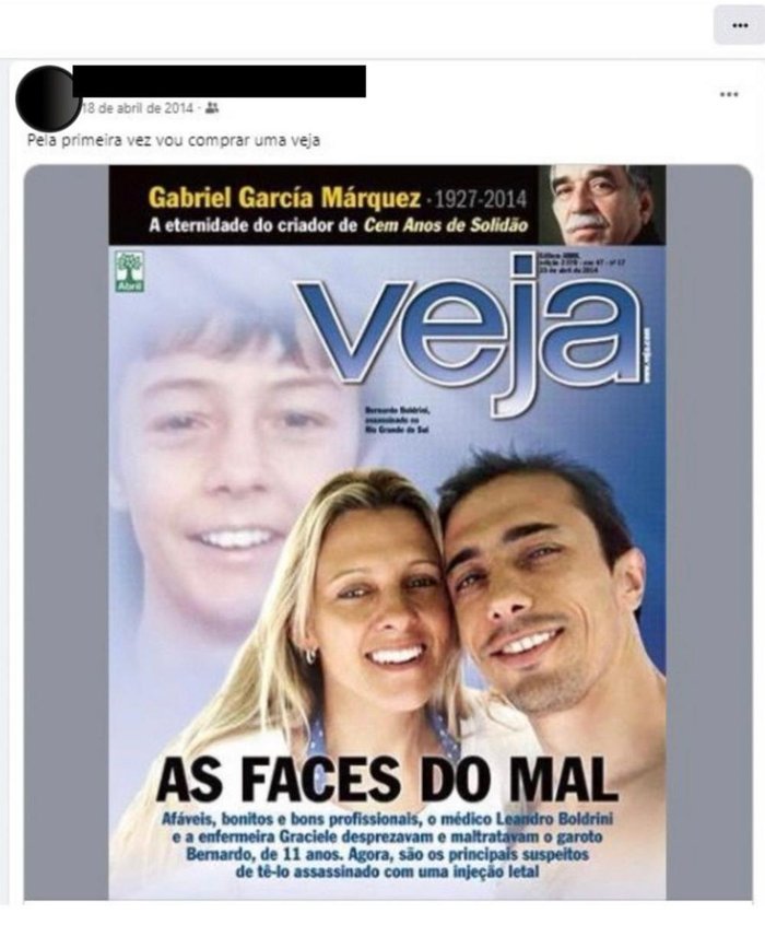 Publicações eram de 2014, ano em que Bernardo foi morto, e incluíam capa de revista com reportagem sobre o caso