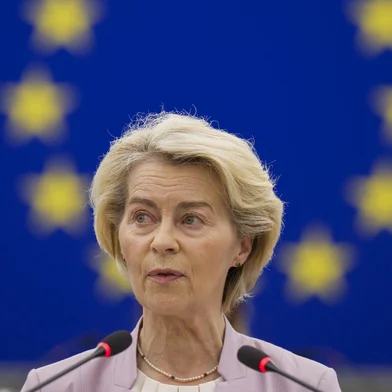 European Commission President Ursula von der Leyen gives a speech during a plenary session at the European Parliament, in Strasbourg on July 9, 2025. Von der Leyen on July 7, 2025 dismissed a far-right sponsored motion of no confidence against her as a conspiracy theory-laden attempt to undermine European unity, ahead of a vote that casts renewed scrutiny on her leadership. The rare challenge has virtually no chance of unseating the conservative European Commission president in the vote to be held on July 10, 2025. (Photo by Jean-Christophe VERHAEGEN / AFP)<!-- NICAID(16079364) -->