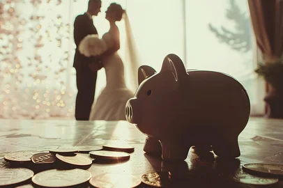 Newlyweds Saving for their Future Investment   Piggy Bank and Coins with Pastel Silhouette Couple in the Background  Conceptual Image of Wedding Savings and Financial Planning for the Upcoming Future Fonte: 941349939<!-- NICAID(16073330) -->