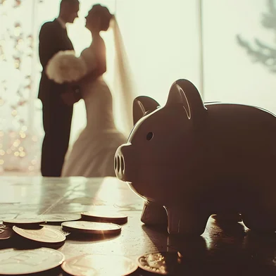Newlyweds Saving for their Future Investment   Piggy Bank and Coins with Pastel Silhouette Couple in the Background  Conceptual Image of Wedding Savings and Financial Planning for the Upcoming Future Fonte: 941349939<!-- NICAID(16073330) -->