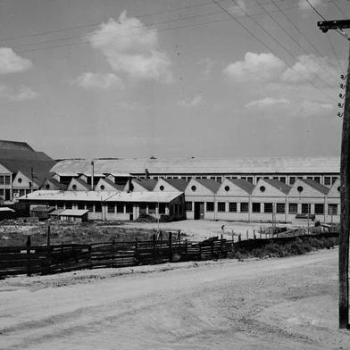 Complexo da Maesa visto a partir da rua Dom José Barea esquina com a futura Rua Pedro Tomasi, em meados dos anos 1950, em direção a Rua Treze de Maio. Rua Dom José Barea tinha o nome de Rua Visconde de Mauá nessa época, até 1957 (por volta de).<!-- NICAID(14617647) -->