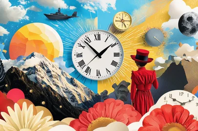A time-travel cartoon collage where groovy characters explore different historical periods in wild costumes<!-- NICAID(15990595) -->