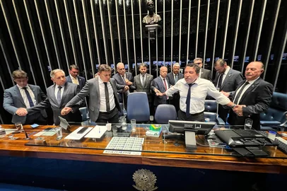 BRASÍLIA, DF, BRASIL, 06-08-2025: Senadores se acorrentam no plenário da Câmara dos Deputados em protesto contra a prisão domiciliar de Jair Bolsonaro. Foto: ASCOM Jorge Seif/Divulgação<!-- NICAID(16095961) -->