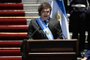Argentina's new president Javier Milei delivers a speech after swearing in during his inauguration ceremony outside the Congress in Buenos Aires on December 10, 2023. Libertarian economist Javier Milei was sworn in Sunday as Argentina's president, after a resounding election victory fueled by fury over the country's economic crisis. "I swear to God and country... to carry out with loyalty and patriotism the position of President of the Argentine Nation," he said as he took the oath of office, before outgoing President Alberto Fernandez placed the presidental sash over his shoulders. (Photo by Luis ROBAYO / AFP)Editoria: POLLocal: Buenos AiresIndexador: LUIS ROBAYOSecao: governmentFonte: AFPFotógrafo: STR<!-- NICAID(15621590) -->