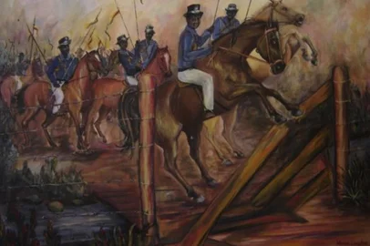 Representação dos lanceiros feita por um ateliê de arte negra no início dos anos 2000Batalha de Rio Pardo, de Marinei Silva, 2000.<!-- NICAID(16126249) -->
