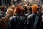 Back view of punks in leather jackets with colorful hair in crowd. Generative AI illustrationIndexador: FirnFonte: 612028673<!-- NICAID(15481885) -->