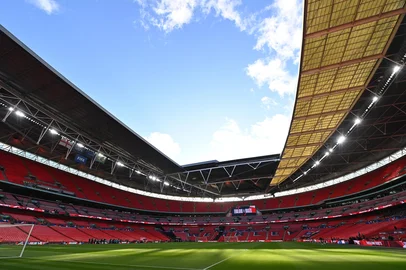 Sunshine on the Wembley grass ahead of the international friendly football match between England and Brazil at Wembley stadium in north London on March 23, 2024. (Photo by Glyn KIRK / AFP) / NOT FOR MARKETING OR ADVERTISING USE / RESTRICTED TO EDITORIAL USE<!-- NICAID(15714413) -->