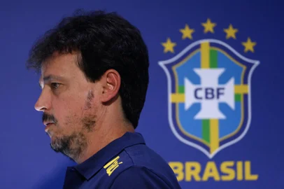 New interim head coach of the Brazilian national football team, Fernando Diniz, gestures during a press conference to present him at the Brazilian Football Confederation (CBF) headquarters in Rio de Janeiro, Brazil on July 5, 2023. Diniz, 49, was named Tuesday by the CBF as coach of the five-time world champions for a year, while Ancelotti fulfills his contract with Real Madrid, which expires at the end of June 2024. Once his relationship with the club ends, Ancelotti will assume the 'Seleção' in the 2024 Copa America, which will be played in the United States between June 20 and July 14 of that year, the President of the CBF said on Tuesday. (Photo by MAURO PIMENTEL / AFP)<!-- NICAID(15474456) -->
