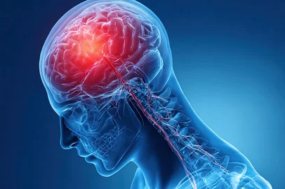 Detailed medical illustration of brain stroke with highlighted affected area and neural connections.Fonte: 1561654750<!-- NICAID(16154967) -->
