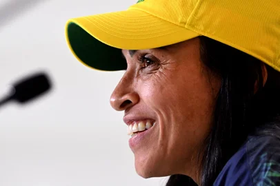 Brazil's Marta attends a press conference in Melbourne on August 1, 2023, on the eve of the Women's World Cup football match between Jamaica and Brazil. (Photo by William WEST / AFP)Editoria: SPOLocal: MelbourneIndexador: WILLIAM WESTSecao: soccerFonte: AFPFotógrafo: STF<!-- NICAID(15497276) -->