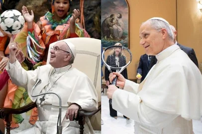 Papa Francisco com bola de futebol e papa Leão XIV com raquete de tênis<!-- NICAID(16036605) -->