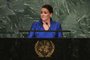 A presidente húngara Katalin Novak discursa na 77ª sessão da Assembleia Geral das Nações Unidas na sede da ONU em Nova York em 21 de setembro de 2022. (Foto de ANGELA WEISS / AFP)<!-- NICAID(15216994) -->
