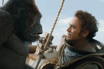(from left) Gorilla Chee-Chee (Rami Malek) and Dr. John Dolittle (Robert Downey Jr.) in "Dolittle," directed by Stephen Gaghan.<!-- NICAID(14424146) -->