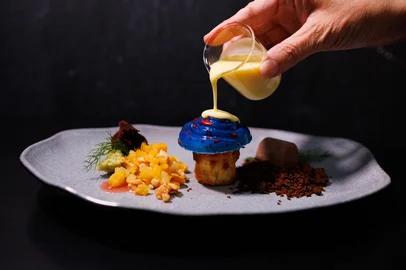 Chef's Table 2025.Prato Escolhas ou Destino? Entremet de amêndoas - tronco crocante de laranja, cafe e avelã, compota de pêra e damasco e espuma de mel com coulis de laranja<!-- NICAID(16027267) -->