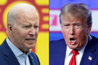 (COMBO) This combination of pictures created on March 06, 2024 showsUS President Joe Biden in Albuquerque, New Mexico, on August 9, 2023 andformer US President and 2024 Republican presidential hopeful Donald Trump in Des Moines, Iowa, on January 10, 2024.. Donald Trump marched March 6, 2024 towards a bitter rematch against President Joe Biden in November as his final Republican rival Nikki Haley thew in the towel after a thumping defeat in the "Super Tuesday" primaries. (Photo by Jim WATSON and KAMIL KRZACZYNSKI / AFP)<!-- NICAID(15698968) -->