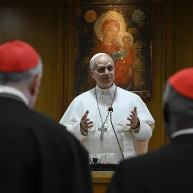 This photo taken and handout on May 10, 2025 by The Vatican Media shows Pope Leo XIV during a meeting with cardinals  in The Vatican. (Photo by Handout / VATICAN MEDIA / AFP) / RESTRICTED TO EDITORIAL USE - MANDATORY CREDIT "AFP PHOTO / VATICAN MEDIA" - NO MARKETING - NO ADVERTISING CAMPAIGNS - DISTRIBUTED AS A SERVICE TO CLIENTS<!-- NICAID(16034533) -->