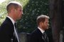 Britain's Prince William, Duke of Cambridge (L) and Britain's Prince Harry, Duke of Sussex follow the coffin during the ceremonial funeral procession of Britain's Prince Philip, Duke of Edinburgh to St George's Chapel in Windsor Castle in Windsor, west of London, on April 17, 2021. - Philip, who was married to Queen Elizabeth II for 73 years, died on April 9 aged 99 just weeks after a month-long stay in hospital for treatment to a heart condition and an infection. (Photo by Alastair Grant / various sources / AFP)<!-- NICAID(14761044) -->